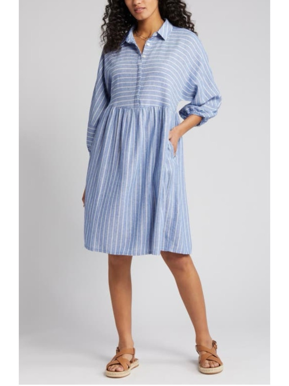 Caslon by Nordstrom Stripe Long Sleeve Linen Blend Dress Size XS